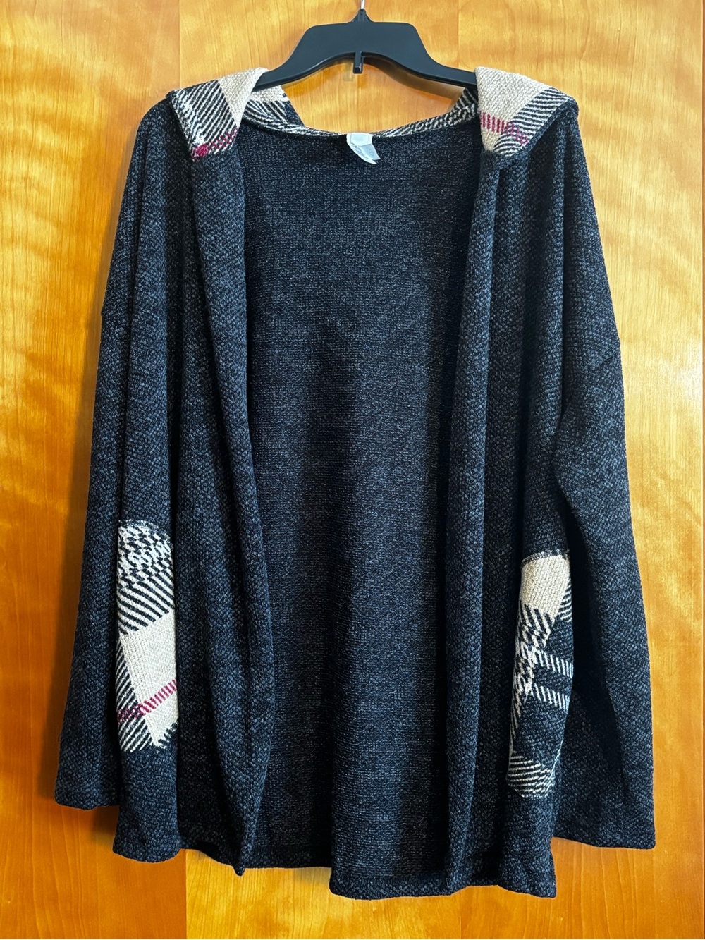 HoneyMe Hooded Cardigan - Black/Taupe Plaid Detail Pockets - Size L - NWT